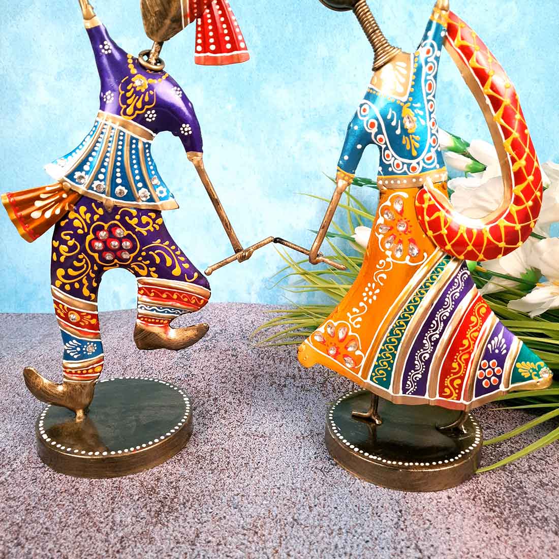 Couple Dancing Showpiece with Dandiya - For Table Decor & Gifts -10 Inch - Set of 2 - Apkamart
