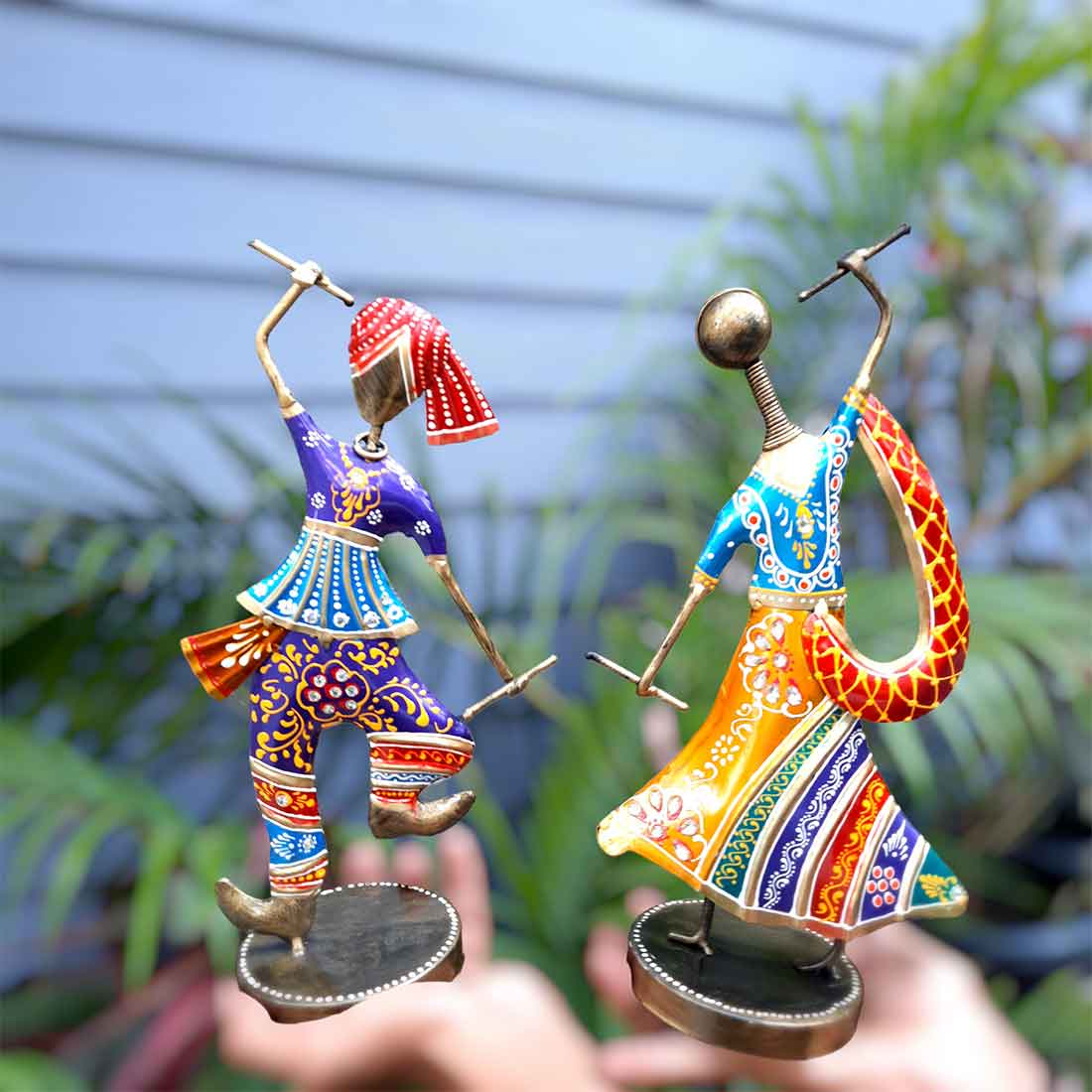 Couple Dancing Showpiece with Dandiya - For Table Decor & Gifts -10 Inch - Set of 2 - Apkamart