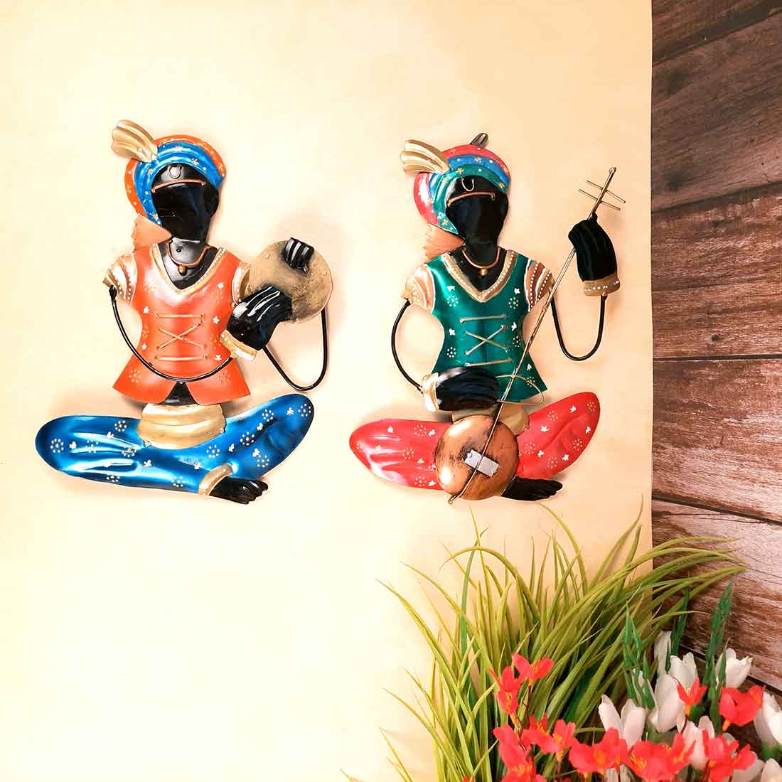 Krishna Musician Wall Hanging - Metal Wall Decor - 12 Inch (Set of 2)- Apkamart