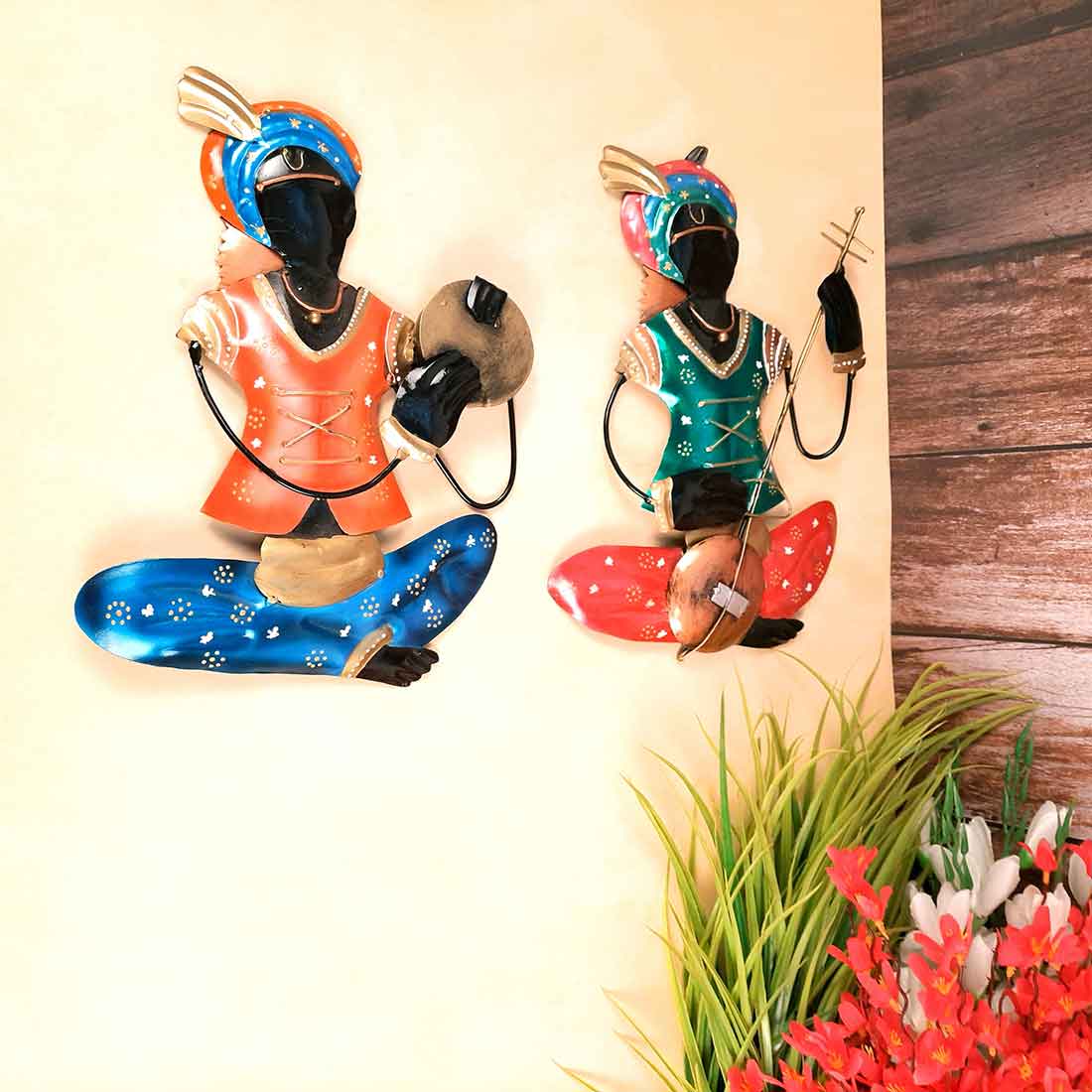 Krishna Musician Wall Hanging - Metal Wall Decor - 12 Inch (Set of 2)- Apkamart