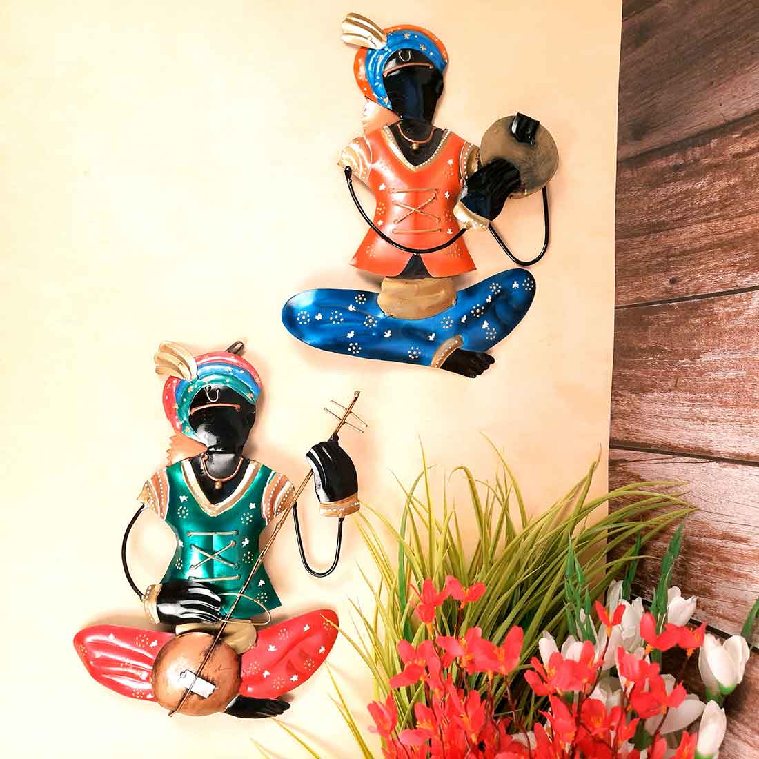 Krishna Musician Wall Hanging - Metal Wall Decor - 12 Inch (Set of 2)- Apkamart