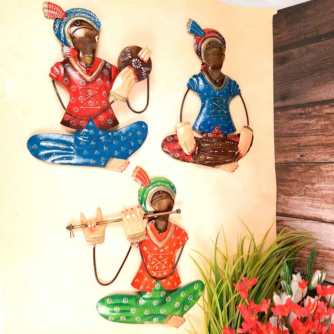 Metal Krishna Musician Wall Hanging | Living Room Decor - 12 Inch (Set of 3)-Apkamart