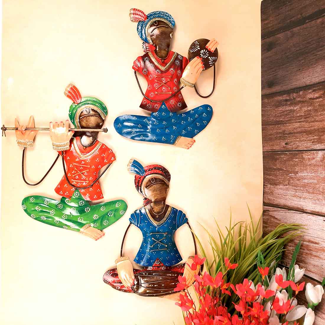 Metal Krishna Musician Wall Hanging | Living Room Decor - 12 Inch (Set of 3)-Apkamart