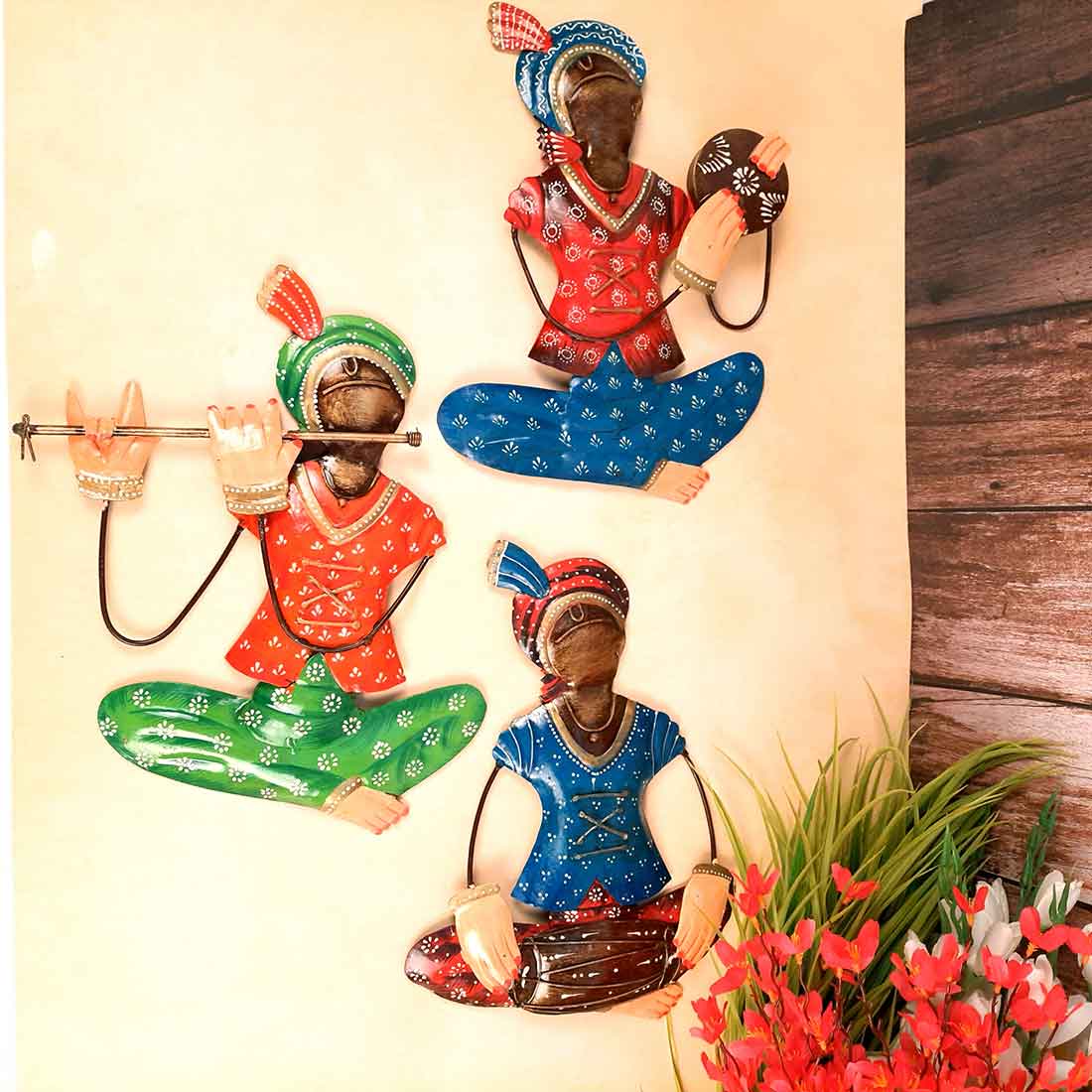 Metal Krishna Musician Wall Hanging | Living Room Decor - 12 Inch (Set of 3)-Apkamart