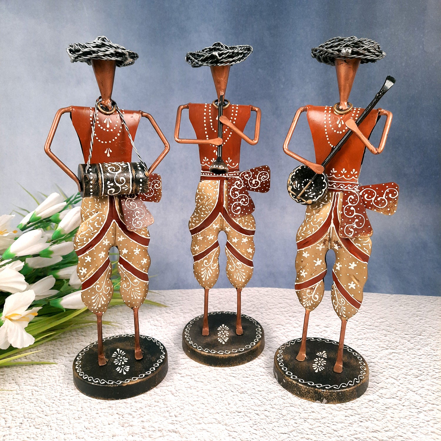 Musician Figurines - Musician Playing Dholak, Sitar & Shehnai | Artifacts for Home, Table, Living Room, TV Unit, Bedroom Decor & Gifts -14 Inch - Apkamart #style_Pack of 3