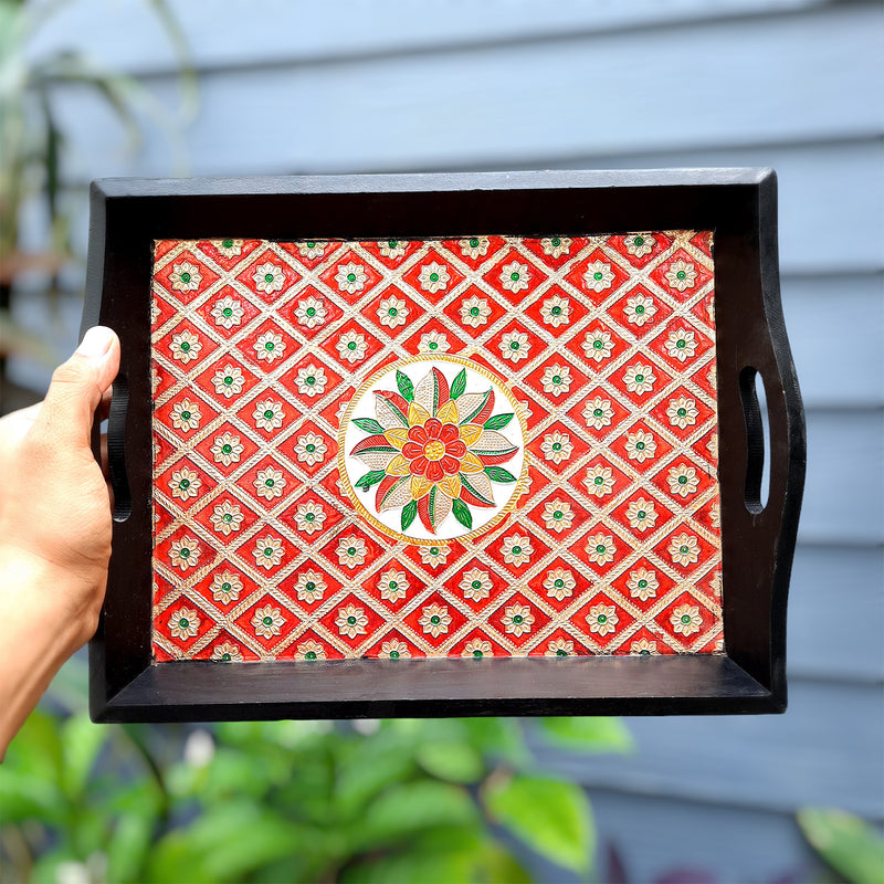 Wood with Meenakari Tray- For Serving & Table Decor-Apkamart