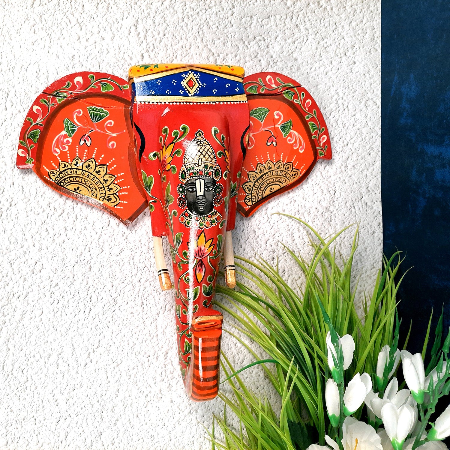 Elephant Head Wall Decor | Wooden Elephant Head with Balaji Wall Hanging - For Home, Wall Decor & Gifts - 14 Inch Inch-Apkamart #Color_Red