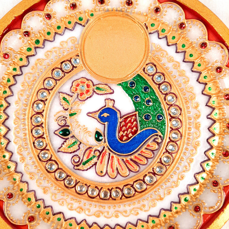 Marble Pooja Thali With Diya | Aarti Thali - Heavy Peacock Design - For Pooja, Weddings & Festivals - 6 Inch - Apkamart