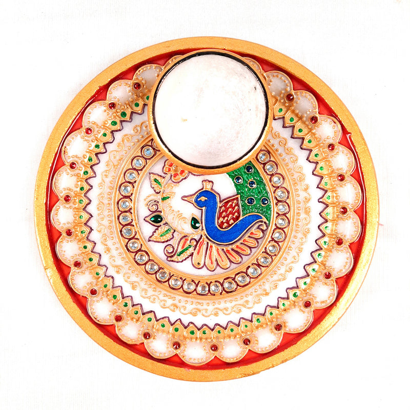 Marble Pooja Thali With Diya | Aarti Thali - Heavy Peacock Design - For Pooja, Weddings & Festivals - 6 Inch - Apkamart