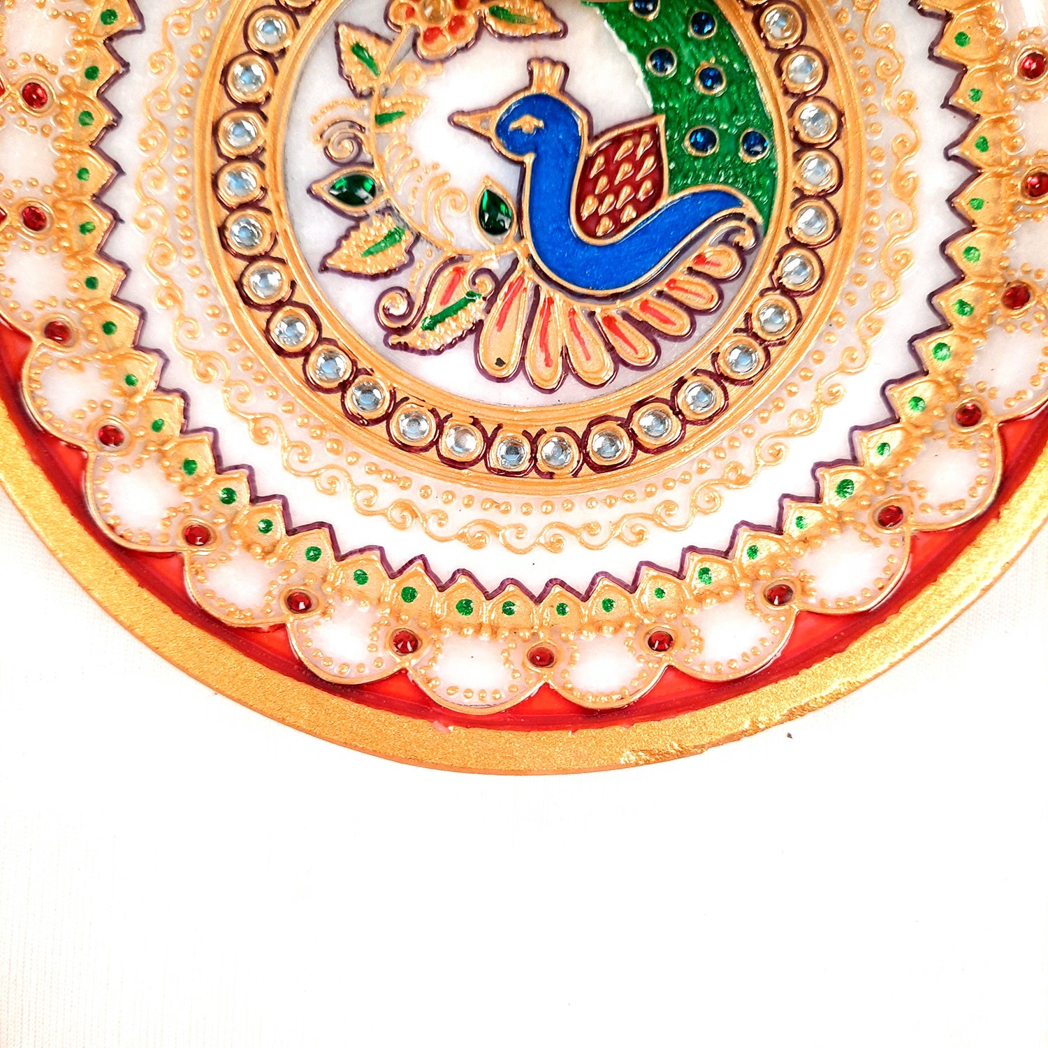 Marble Pooja Thali With Diya | Aarti Thali - Heavy Peacock Design - For Pooja, Weddings & Festivals - 6 Inch - Apkamart