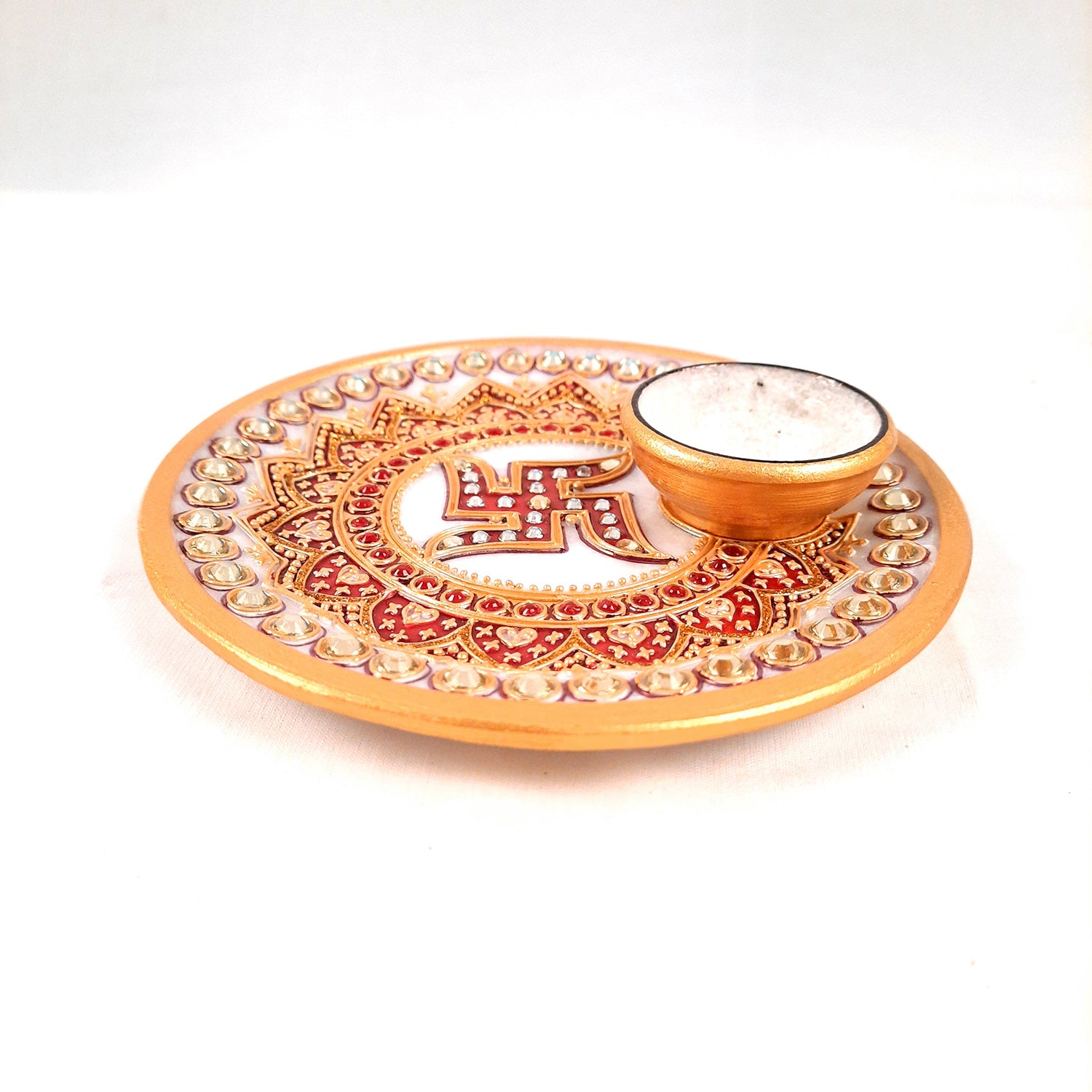 Marble Puja Thali with Diya | Pooja Plate With Swastik Design - For Rakhi, Diwali & Karwa Chauth - 6 Inch - Apkamart