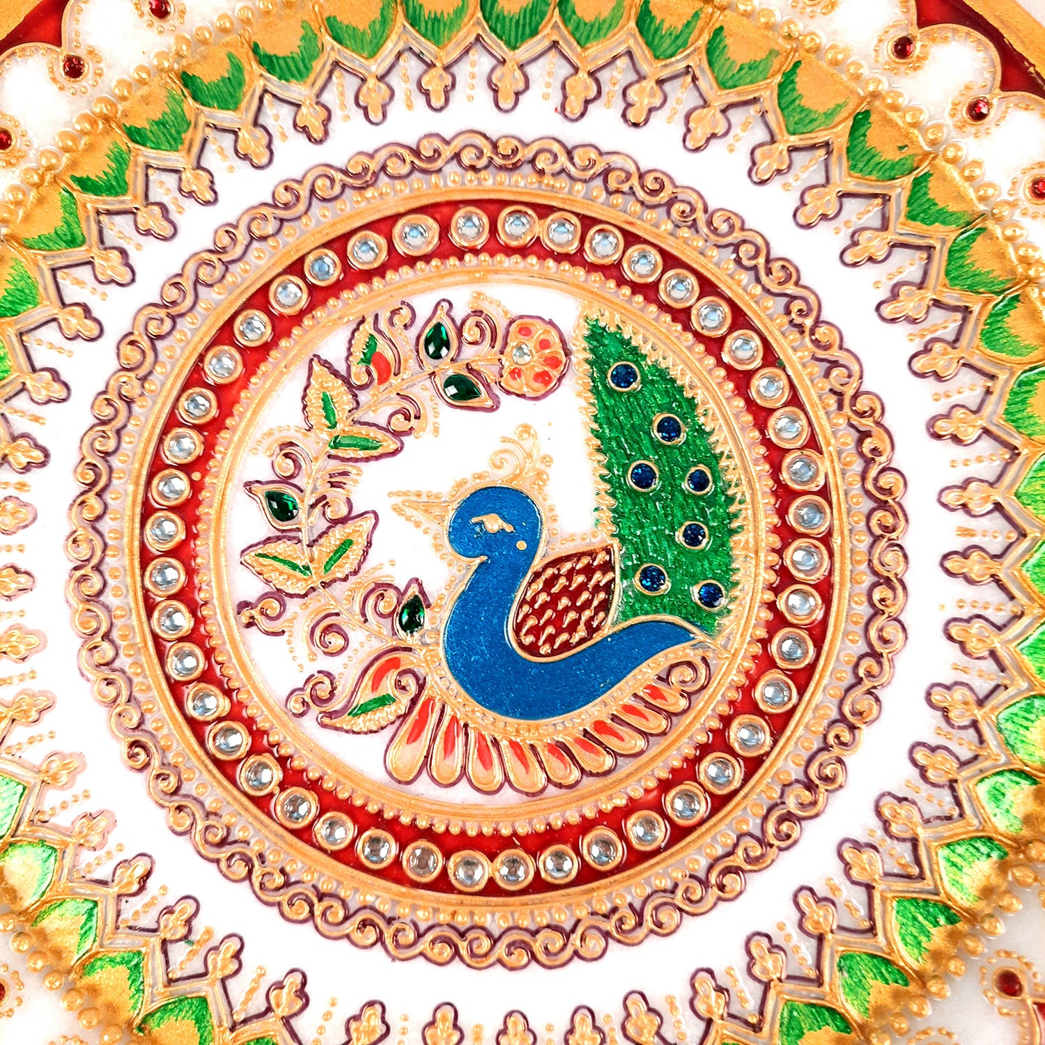 Marble Pooja Thali - Heavy Peacock Design - For Aarti, Puja, Weddings & Festivals - 9 Inch - Apkamart
