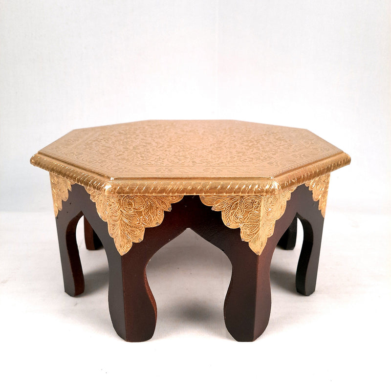 Puja Chowki Bajot Brass | Small Wooden Stool - 13 Inch - For Sitting, Puja, Home & Corner Decor - apkamart