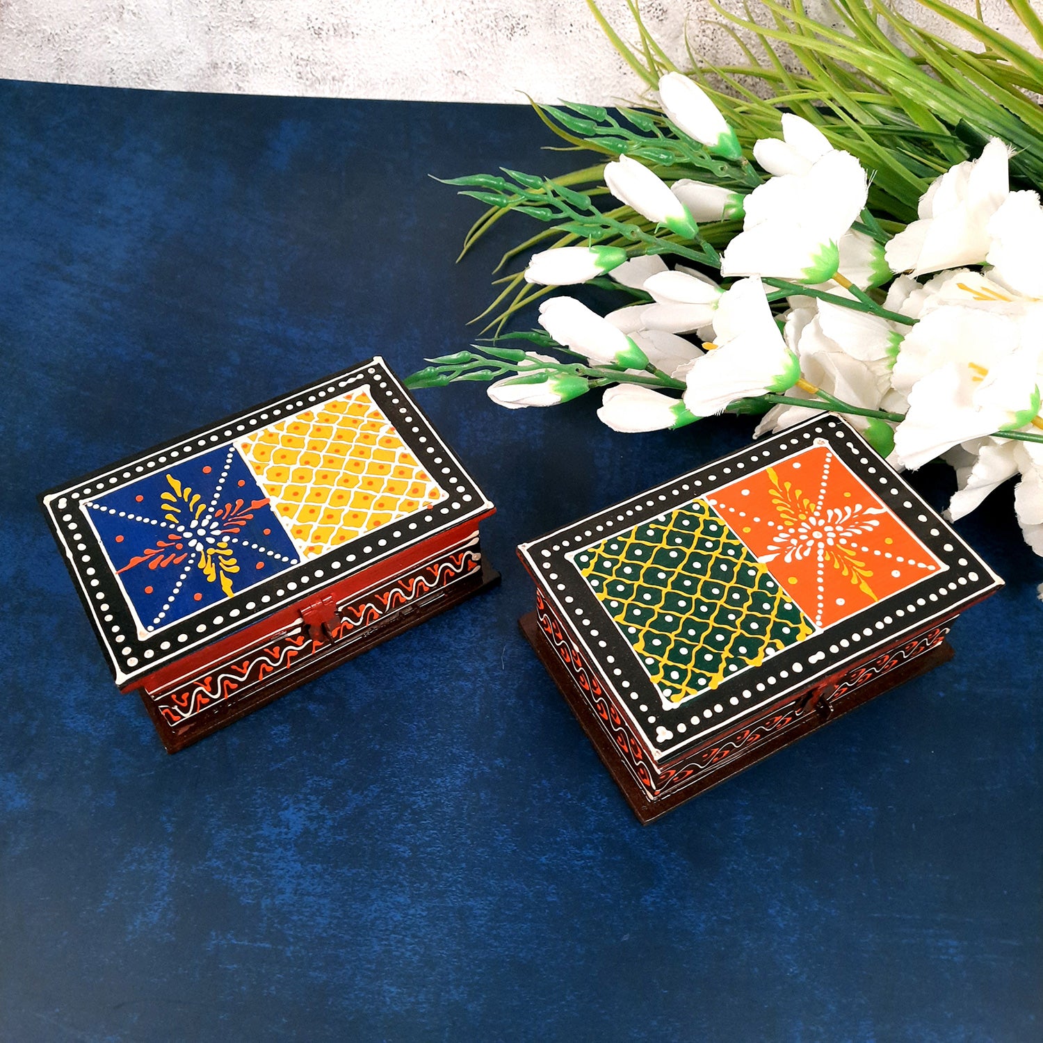 Necklace Box in Mehandi Design | Wooden Jewelry Box for Wedding & Anniversary Gift - 6X4-Apkamart #Style_pack of 2