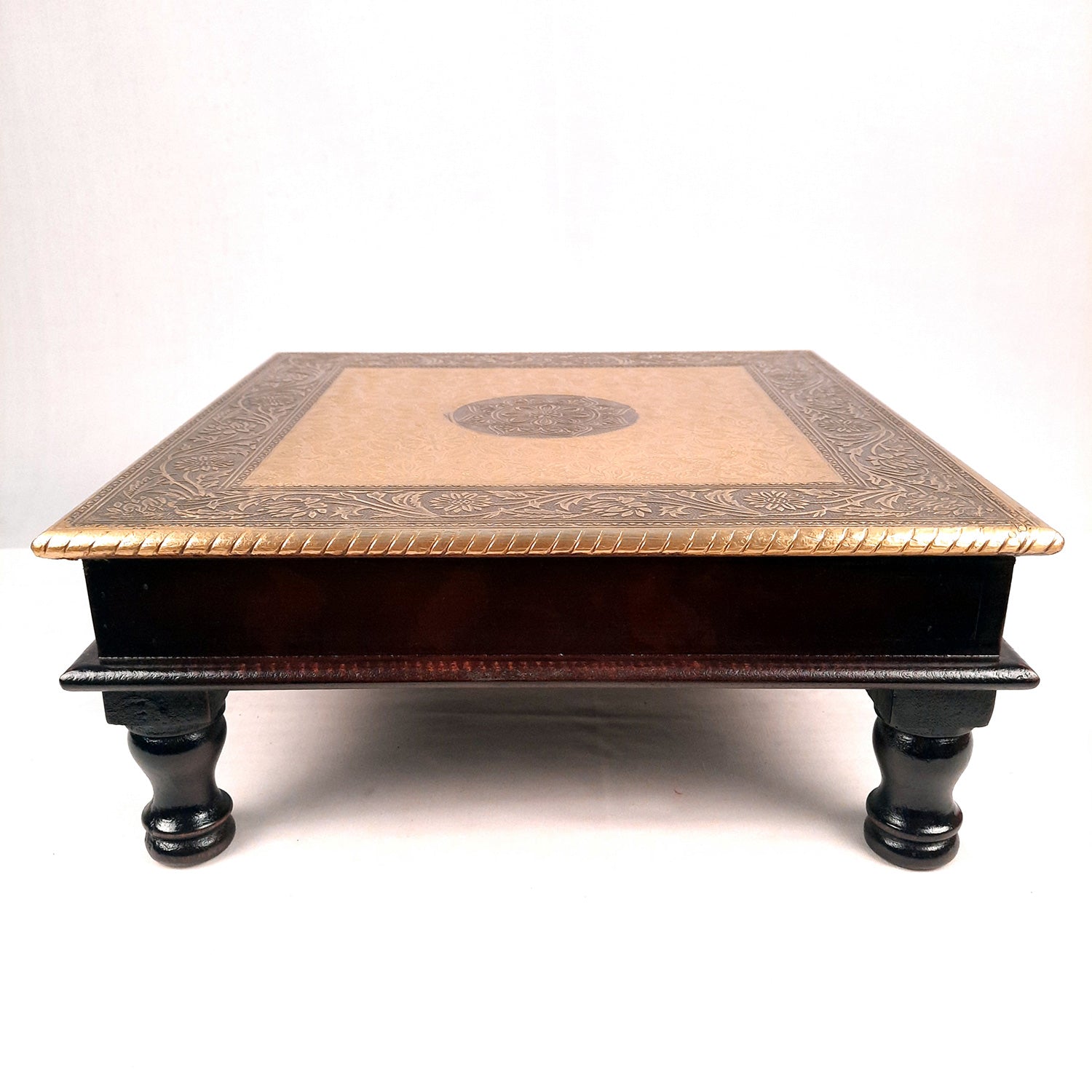 Puja Chowki Bajot | Wooden Brass Chauki - For Pooja, Sitting, Home & Corner Decor -15 Inch - apkamart #Style_Design 2