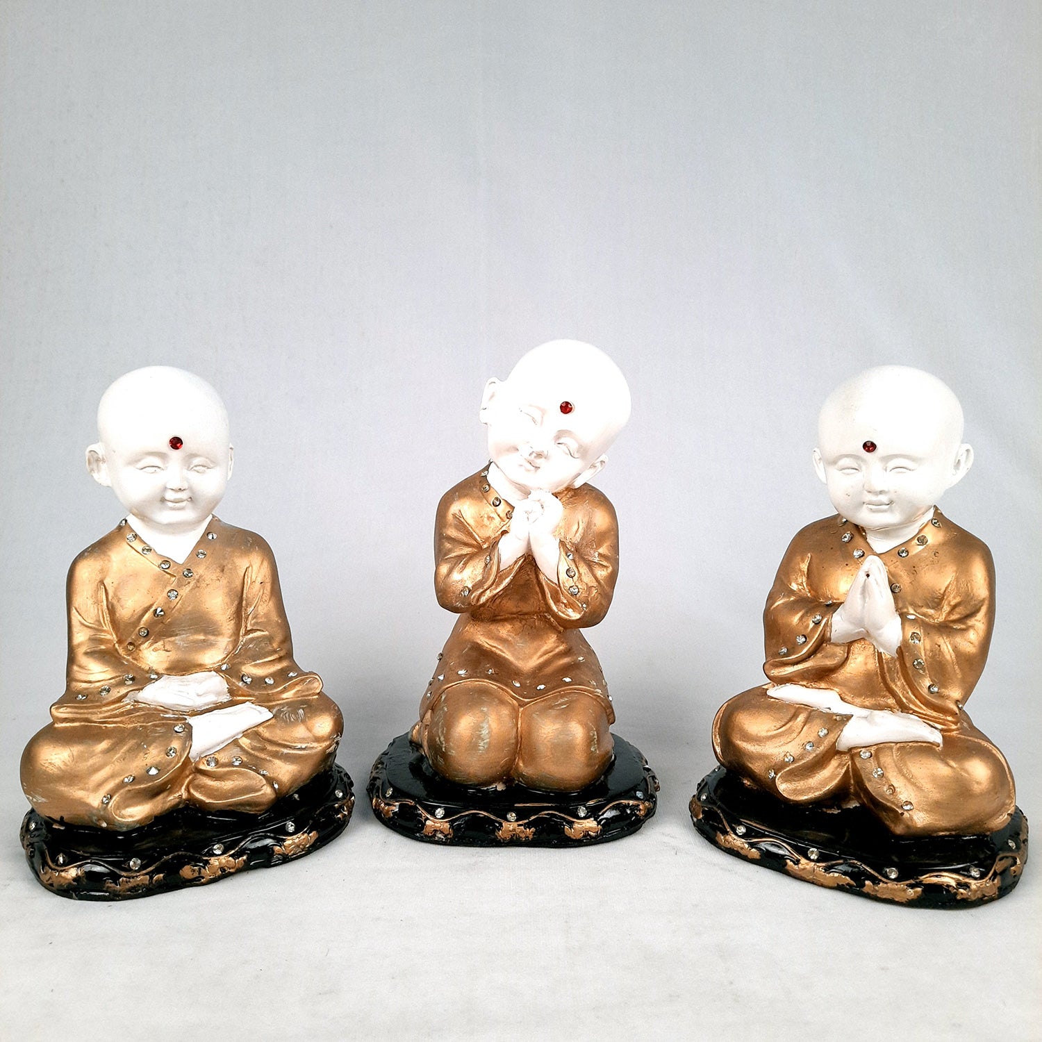 Golden Monk Showpiece - for Home & Garden Decor -8 inch Set of 3