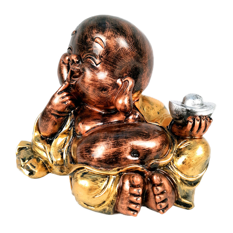 Laughing Buddha Statue Big with Rustic Look | Child Monk Showpiece with Money Bag for Wealth | For Good Luck, Home, Table & Office Décor & Gift - apkamart