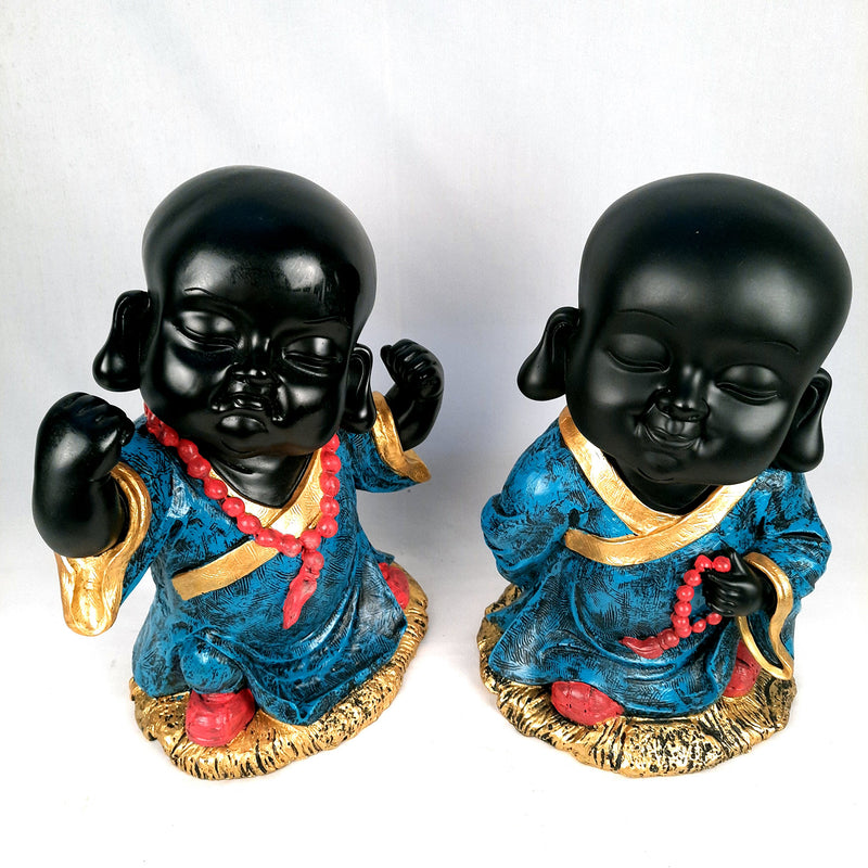 Black Baby Monk Showpiece| Feng Shui Decor - For Good Luck, Home, Table, Office Decor & Gift-13 inch (Set of 2)- Apkamart