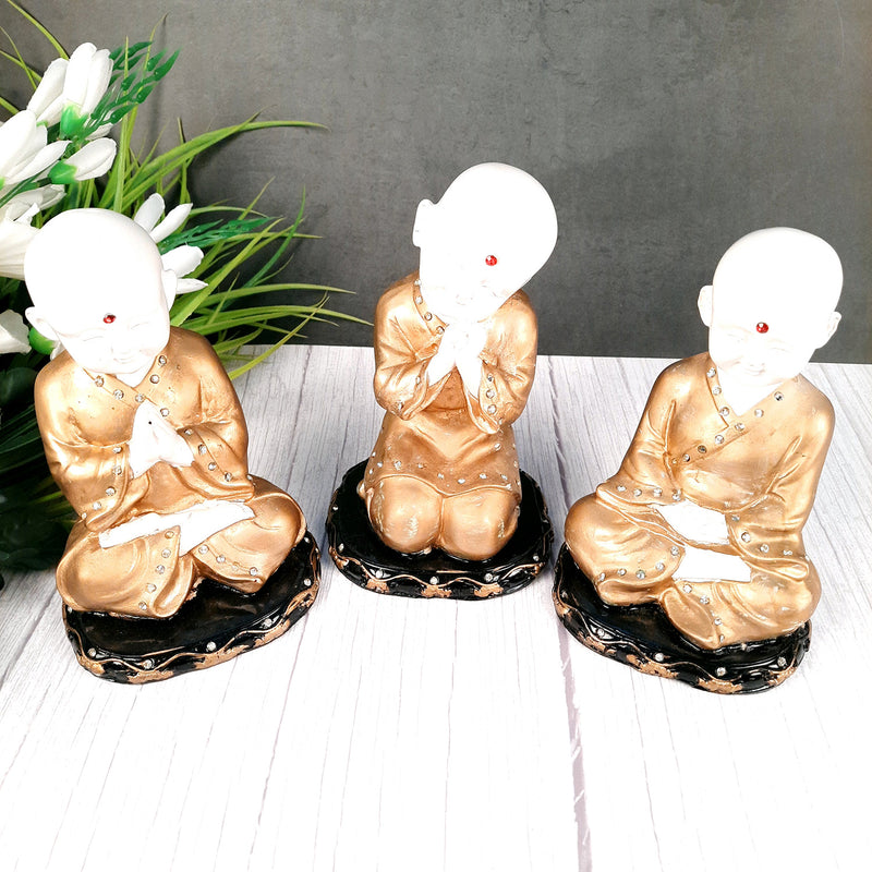 Golden Monk Showpiece - for Home & Garden Decor -8 inch Set of 3