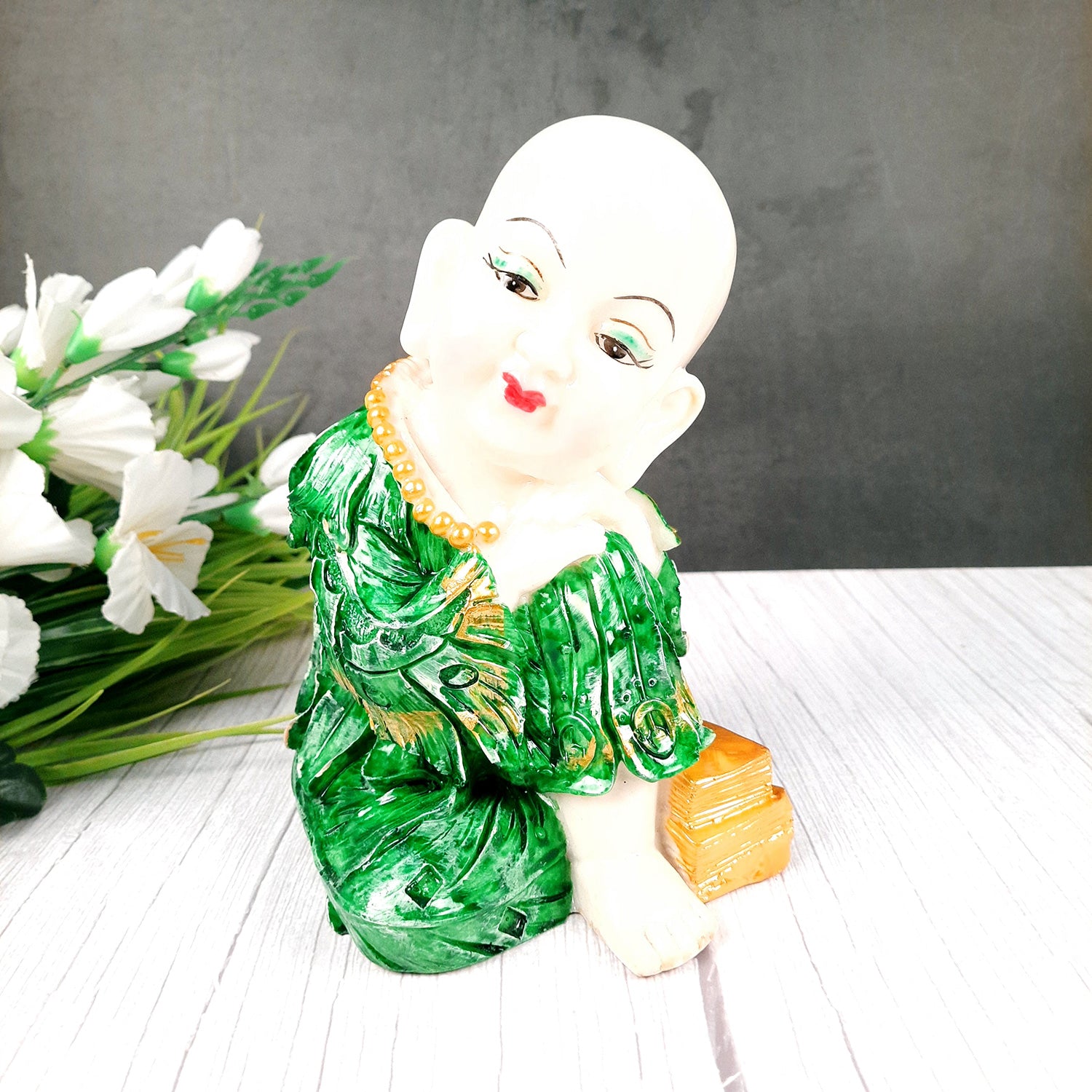 Buddha Monk Showpiece Set | Feng Shui Child Monk Statue - for Home & Table Decor, Health, Wealth & Gift - 9 Inch - Apkamart #Colour_Green