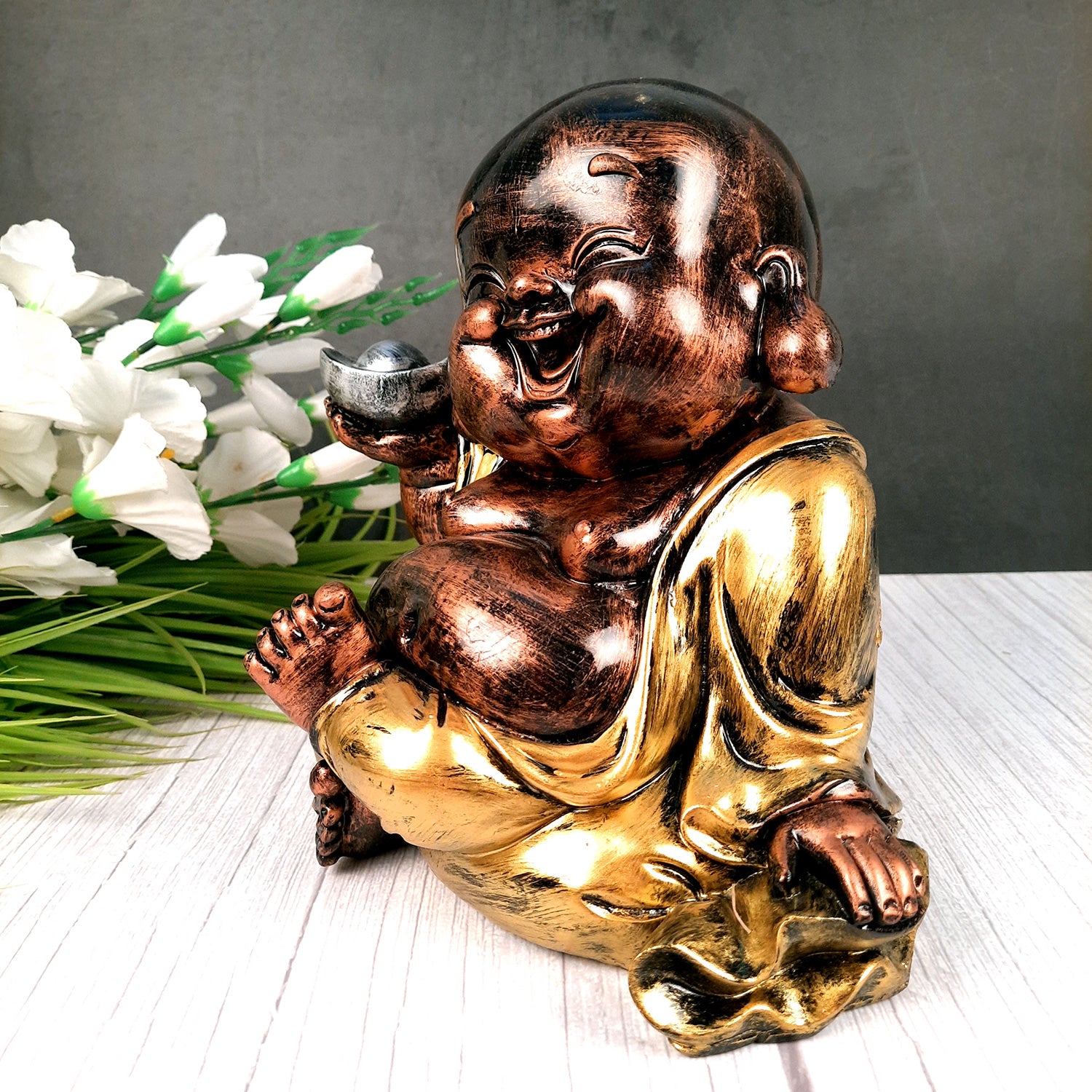 S A Gifts Sai Amrut Happy Man Laughing Buddha Holding Wealth Coin and  Ingots Statue for Attracting Money Prosperity Financial Luck Home Decor Gift