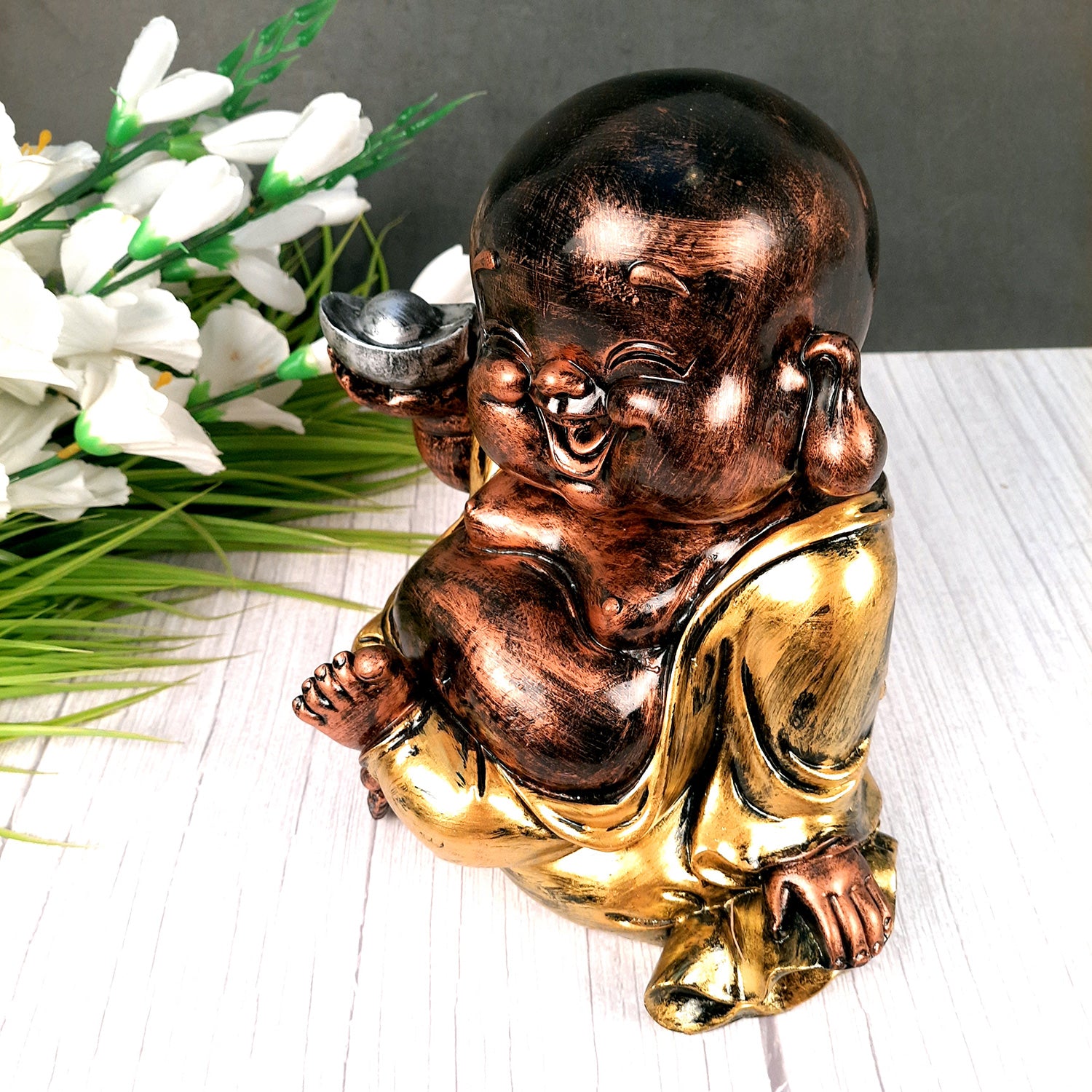 Laughing Buddha Showpiece For Good Luck | Baby Monk Statue - for Money, Happiness, Positivity, Home Decor & Gift - 8 Inch - apkamart
