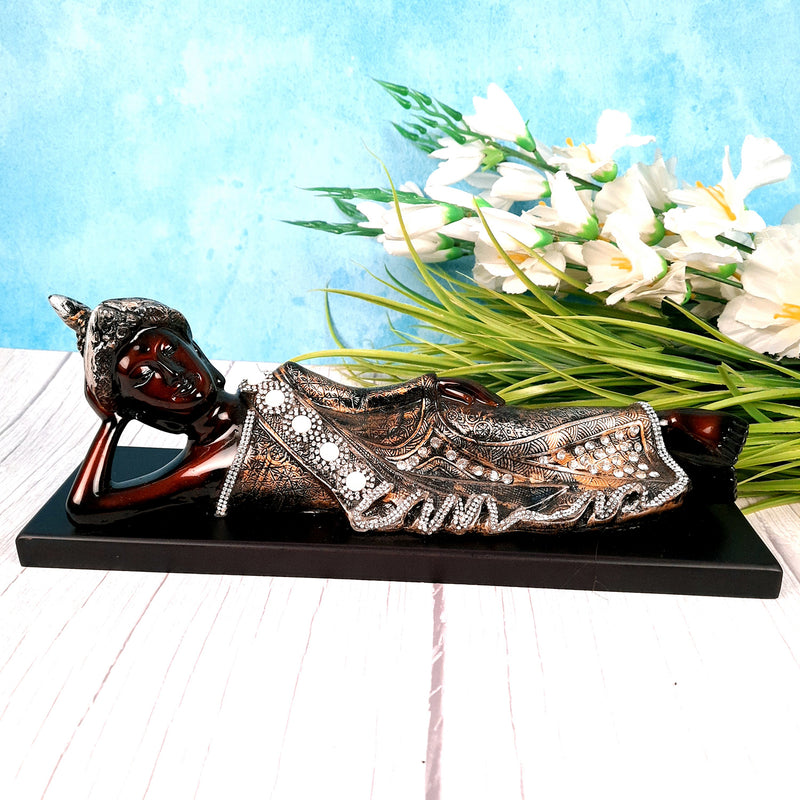 Buddha Statue with Rustic Look | Lord Gautam Buddha Showpiece in Sleeping Pose - For Living room, Home, Table, Office Decor & Gift- 14 Inch - apkamart