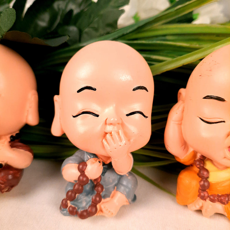 Baby Monk Showpiece Set | Feng Shui Decor - For Car Dashboard, Good Luck, Home, Table, Office Decor & Gift -3 Inch (Set of 3) - apkamart
