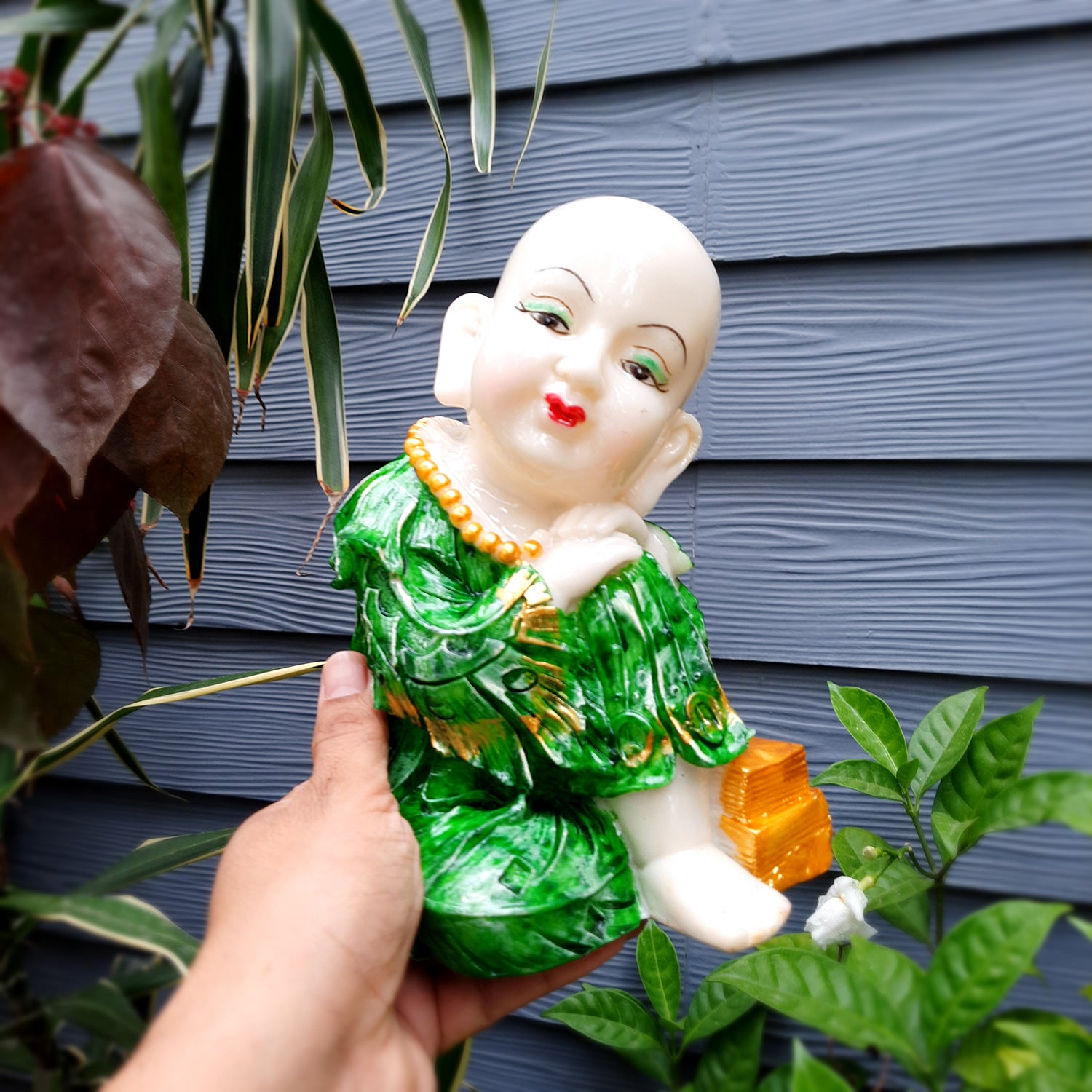 Buddha Monk Showpiece Set | Feng Shui Child Monk Statue - for Home & Table Decor, Health, Wealth & Gift - 9 Inch - Apkamart #Colour_Green