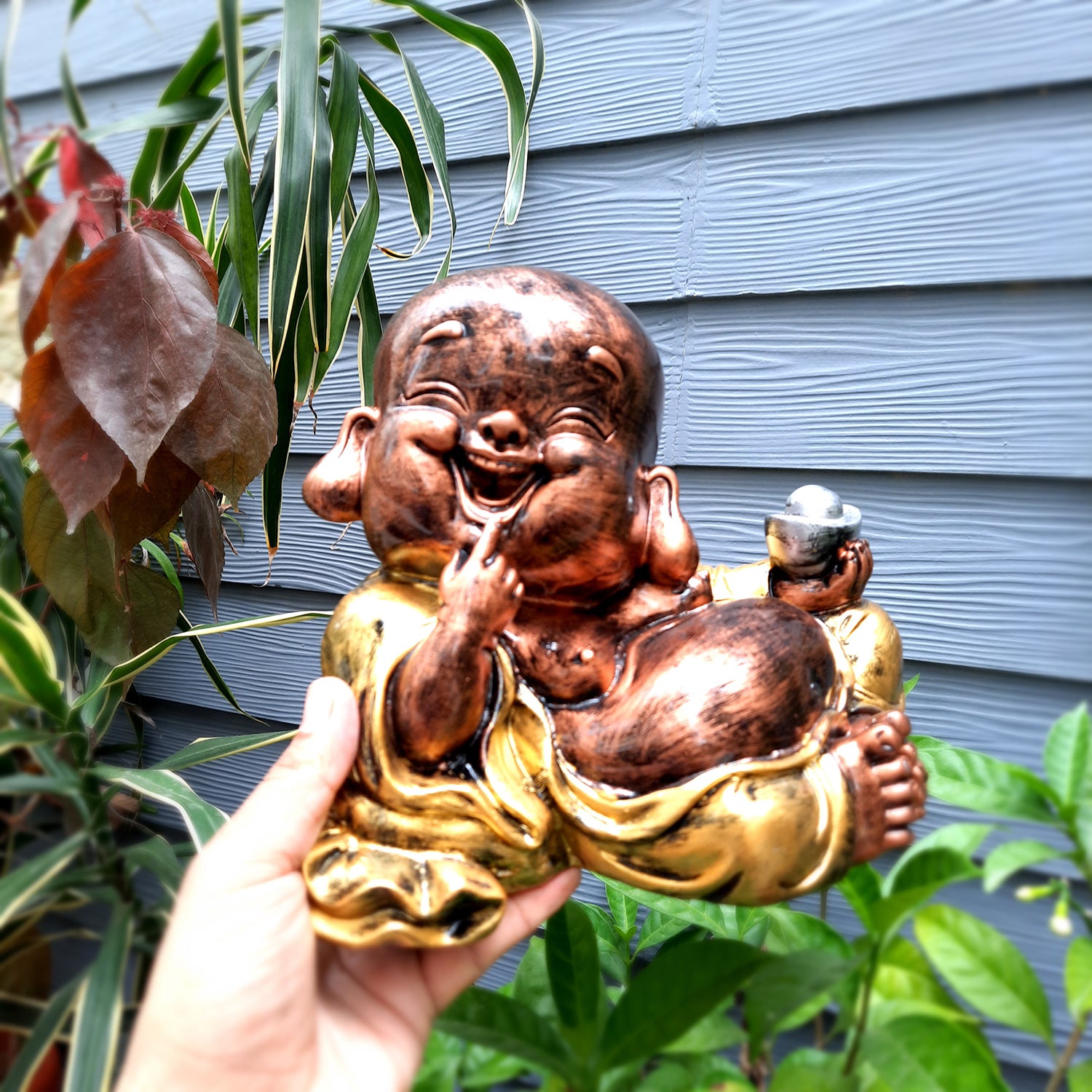 Laughing Buddha Statue Big with Rustic Look | Child Monk Showpiece with Money Bag for Wealth | For Good Luck, Home, Table & Office Décor & Gift - apkamart