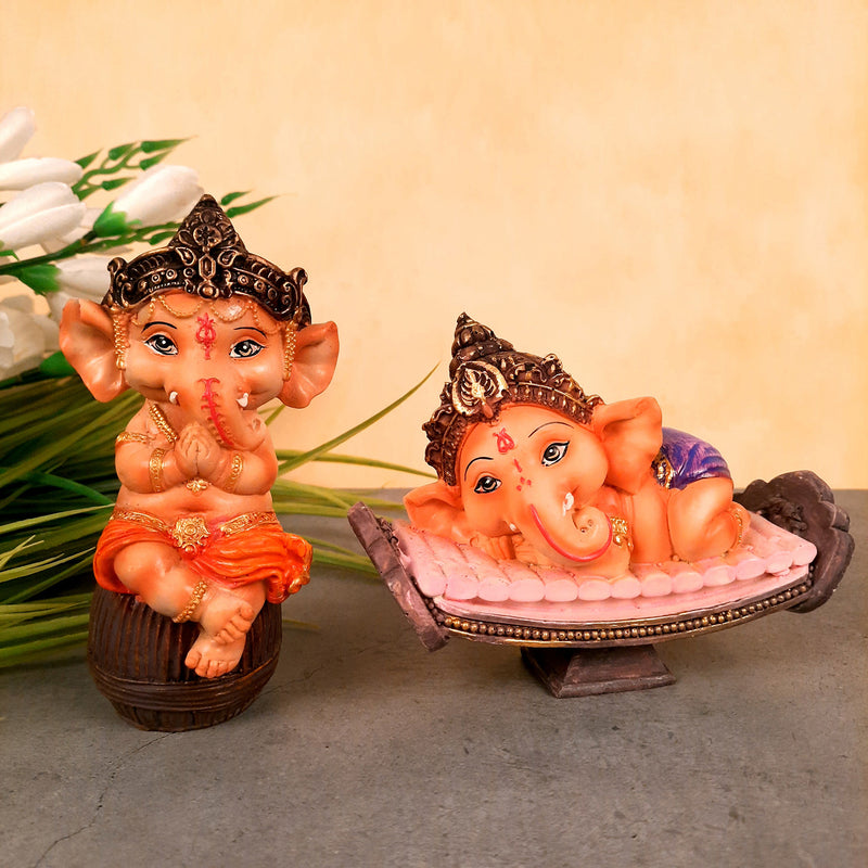 Ganesha Showpiece Set - Baby Ganesha Sitting & Lying Statue Idol - for Home, Puja, Temple, Table Decor | For Diwali Decoration & Gifts - 4 Inch (Set of 2)