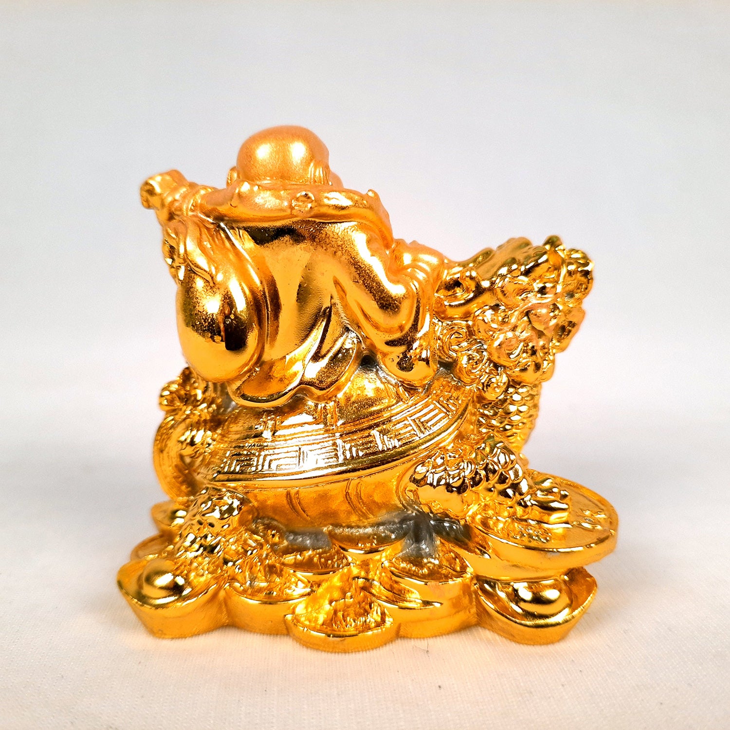 Laughing Buddha Showpiece With Money Bag | Laughing Buddha Sitting on Tortoise Small Showpiece - for Good Luck, Home & Table Decor, Wealth, Prosperity & Gift - 3 Inch