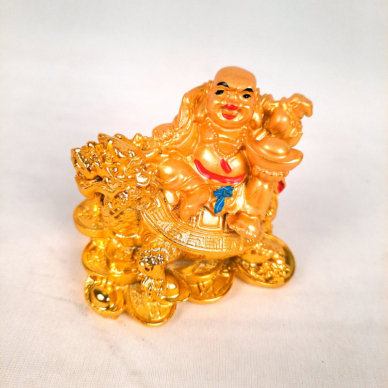 Laughing Buddha Showpiece With Money Bag | Laughing Buddha Sitting on Tortoise Small Showpiece - for Good Luck, Home & Table Decor, Wealth, Prosperity & Gift - 3 Inch