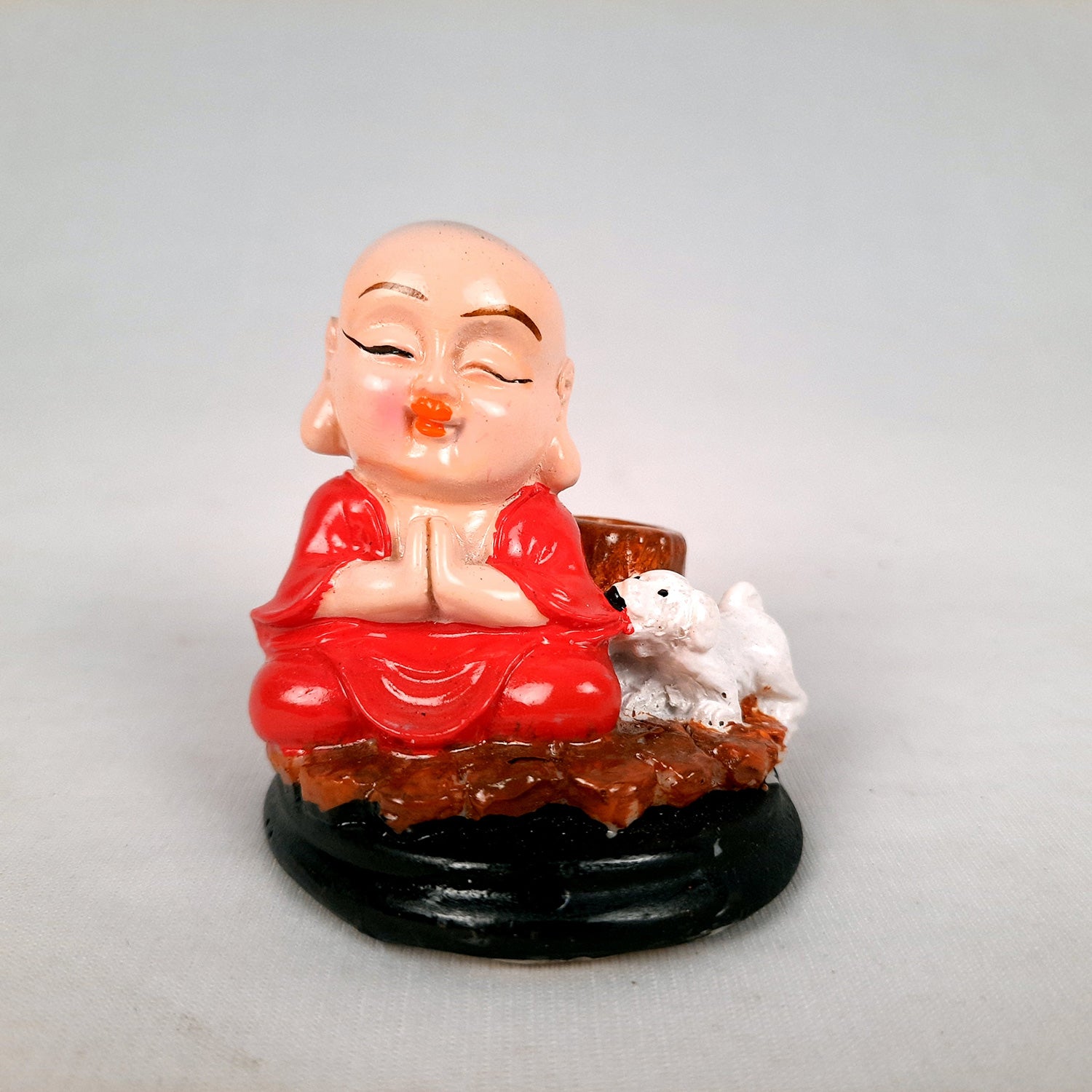 Buddha Baby Monk Showpiece Cum Pen Holder | Feng Shui Decor - For Car Dashboard, Good Luck, Home, Table, Office Decor & Gift -Apkamart  #Color_Red