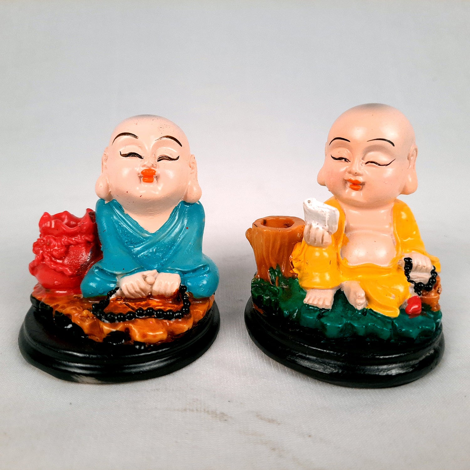 Buddha Baby Monk Showpiece Cum Pen Holder - For Car Dashboard, Good Luck, Home, Table, Office Decor & Gift - 3 Inch (Set of 2)-Apkamart