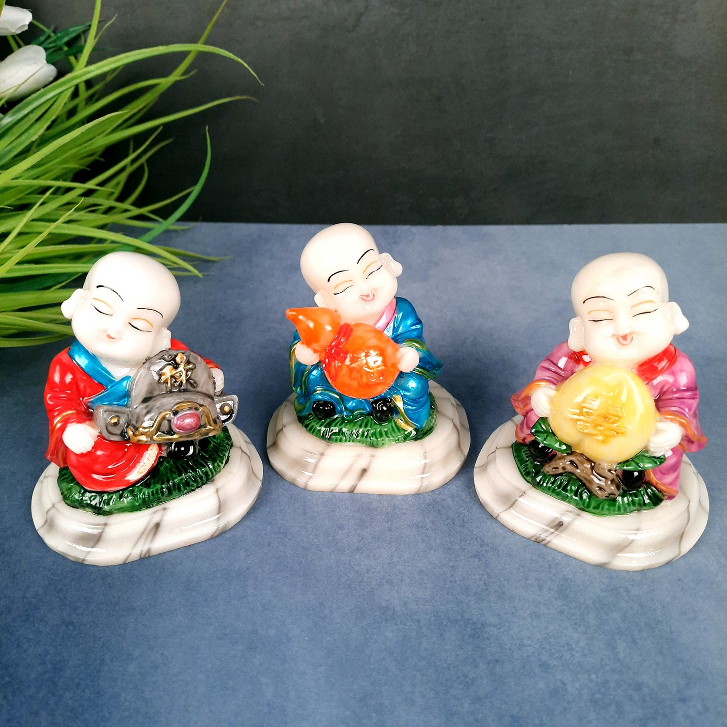 Buddha Baby Monk Showpiece | Feng Shui Decor - For Good Luck, Home, Table, Office Decor, Car Dashboard & Gift - 4 Inch (Set of 3) - Apkamart