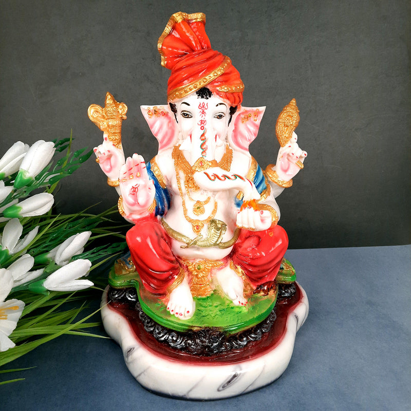 Ganesh Idol | Ganesha Statue Wearing Pagdi Design - for Pooja, Home & Table Decor | Ganpati Murti for Office Desk, Car Dashboard - 11 Inch - Apkamart