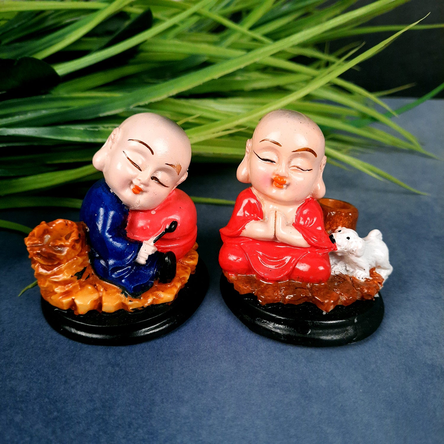 Buddha Baby Monk Showpiece Cum Pen Holder | Feng Shui Decor - For Car Dashboard, Good Luck, Home, Table, Office Decor & Gift -3 inch (Set of 2)- Apkamart