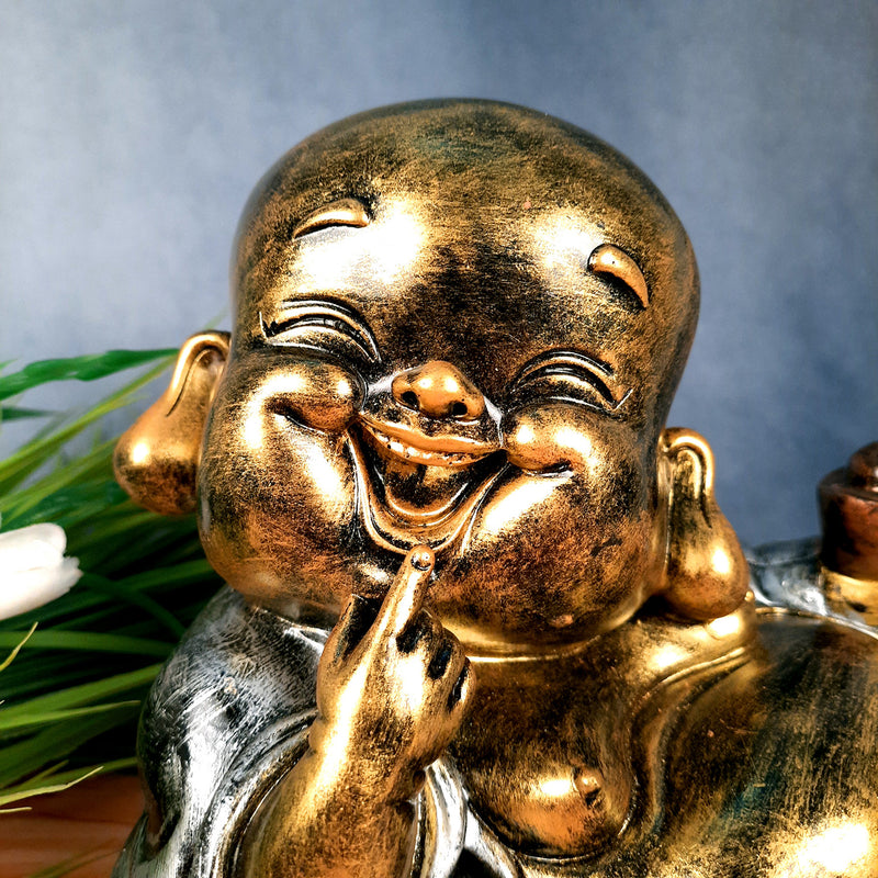 Laughing Buddha Showpiece With Money Bag | Feng Shui Rustic Baby Monk Statue - for Home & Table Decor, Health, Wealth & Gift - Apkamart