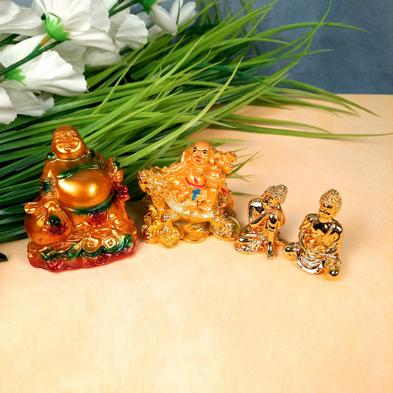 Decorative Laughing Buddha & Buddha Showpiece -for Good Luck, Home & Table Decor, Wealth, Prosperity & Gift (Set of 4)-Apkamart