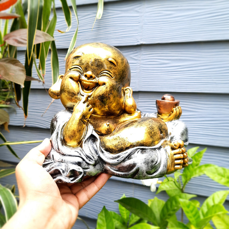 Laughing Buddha Showpiece With Money Bag | Feng Shui Rustic Baby Monk Statue - for Home & Table Decor, Health, Wealth & Gift - Apkamart