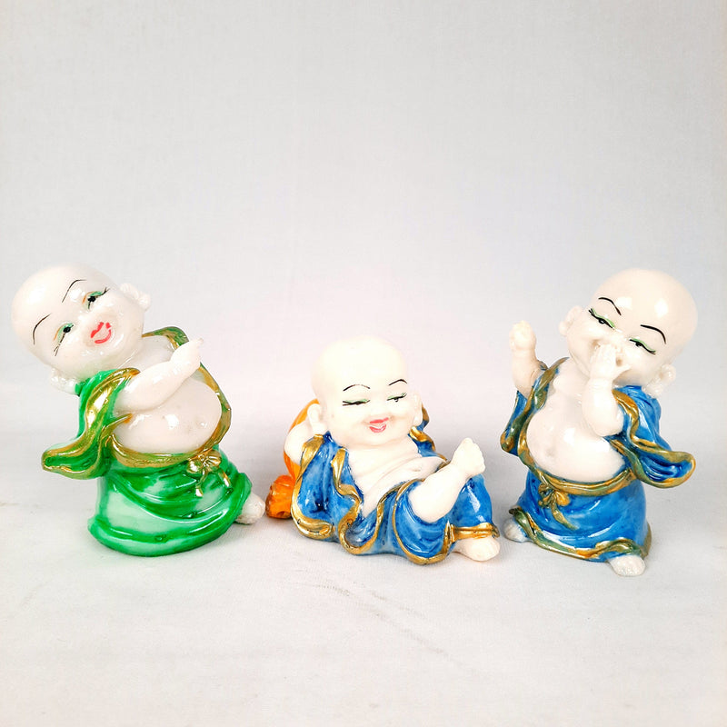 Buddha Baby Monk Showpiece| Feng Shui Decor - for Car Dashboard, Good Luck, Home, Table, Office Decor & Gift- 4 inch (Set of 3)- Apkamart