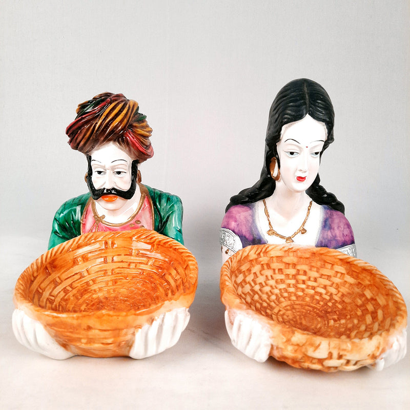 Multipurpose Basket Cum Showpiece - Village Couple Holding Basket Design | Decorative Tokri Organizer - For Home, Table, Dining, Dressing, Kitchen Decor & Gift - 8 Inch (Set of 2) - Apkamart