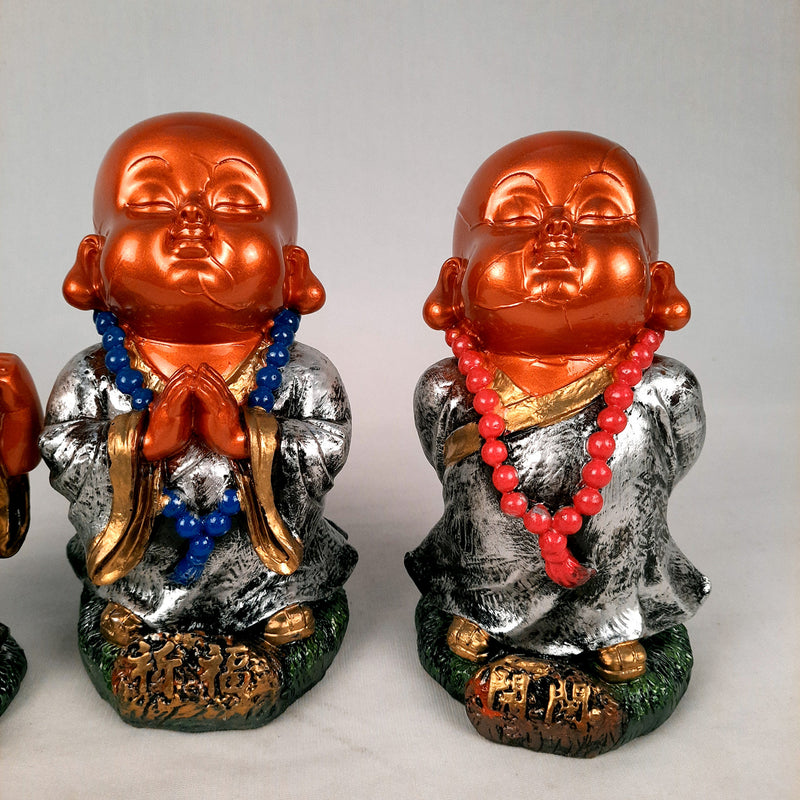 Baby Monk Showpiece Set | Buddha Feng Shui Decor - for Car Dashboard, Good Luck, Home, Table, Office Decor & Gift- 4 inch (Set of 3)- apkamart