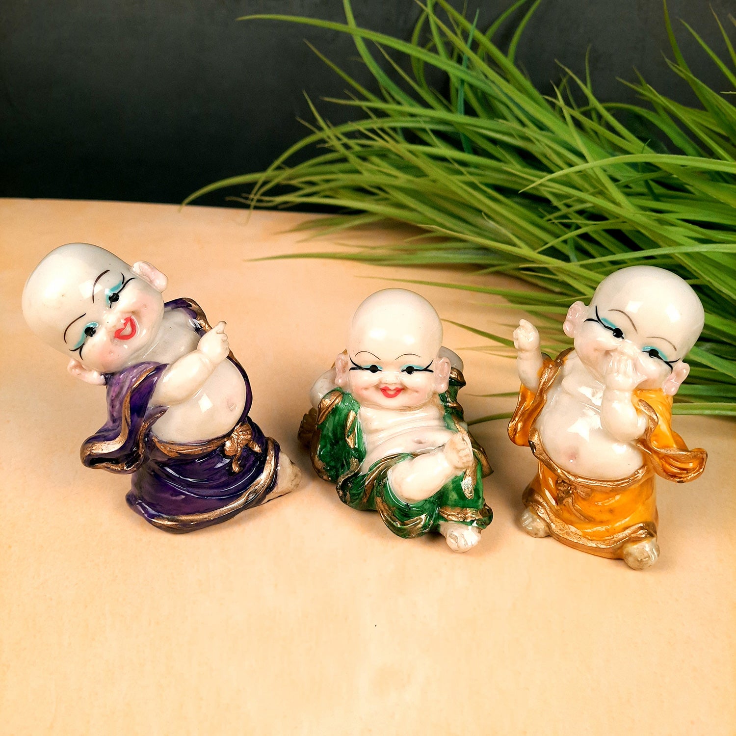 Baby Monk Showpiece Small Set | Child Monk Feng Shui Table Decor | Miniature Decor - For Good Luck, Home, Office Decor, Gift & Car Dashboard (Set of 3) - Apkamart