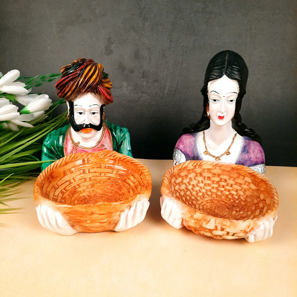 Multipurpose Basket Cum Showpiece - Village Couple Holding Basket Design | Decorative Tokri Organizer - For Home, Table, Dining, Dressing, Kitchen Decor & Gift - 8 Inch (Set of 2) - Apkamart