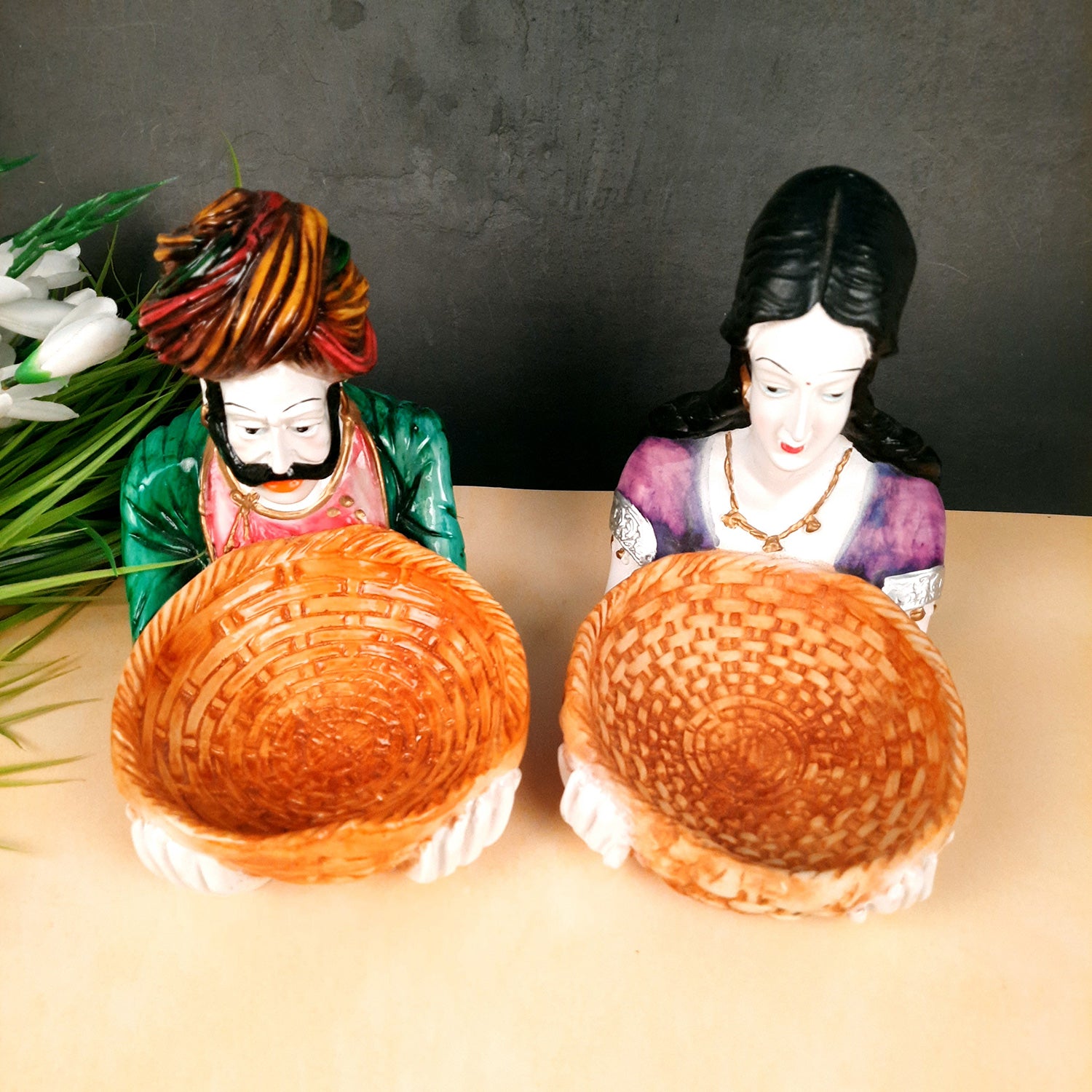 Multipurpose Basket Cum Showpiece - Village Couple Holding Basket Design | Decorative Tokri Organizer - For Home, Table, Dining, Dressing, Kitchen Decor & Gift - 8 Inch (Set of 2) - Apkamart