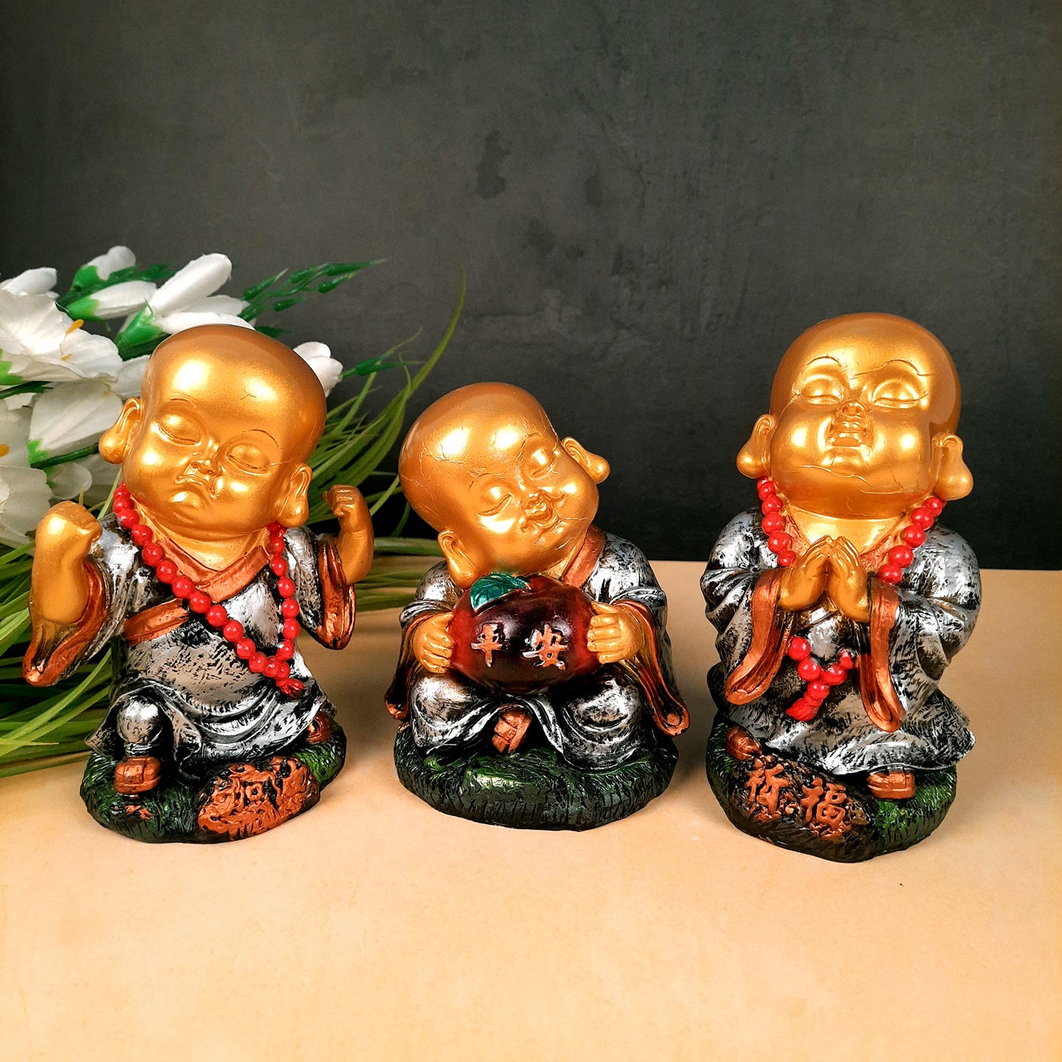 Buddha Baby Monk Showpiece Set | Child Monk Feng Shui Decor - For Good Luck, Home, Table, Office Decor, Garden & Gift - 5 Inch (Set of 3)