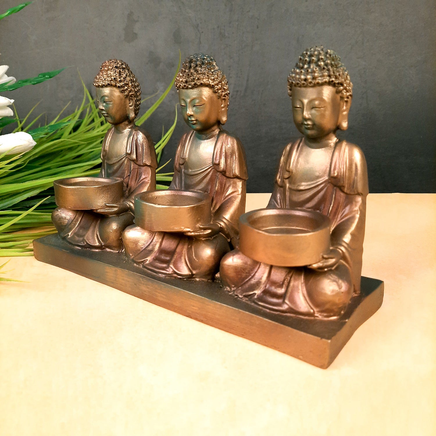 Buddha Showpiece Cum Tea Light Holder - 3 Buddha Sitting Design | T - Light Candle Stand - For Living Room, Table, Shelf Decor | Home Decorative Item - 9 Inch - Apkamart