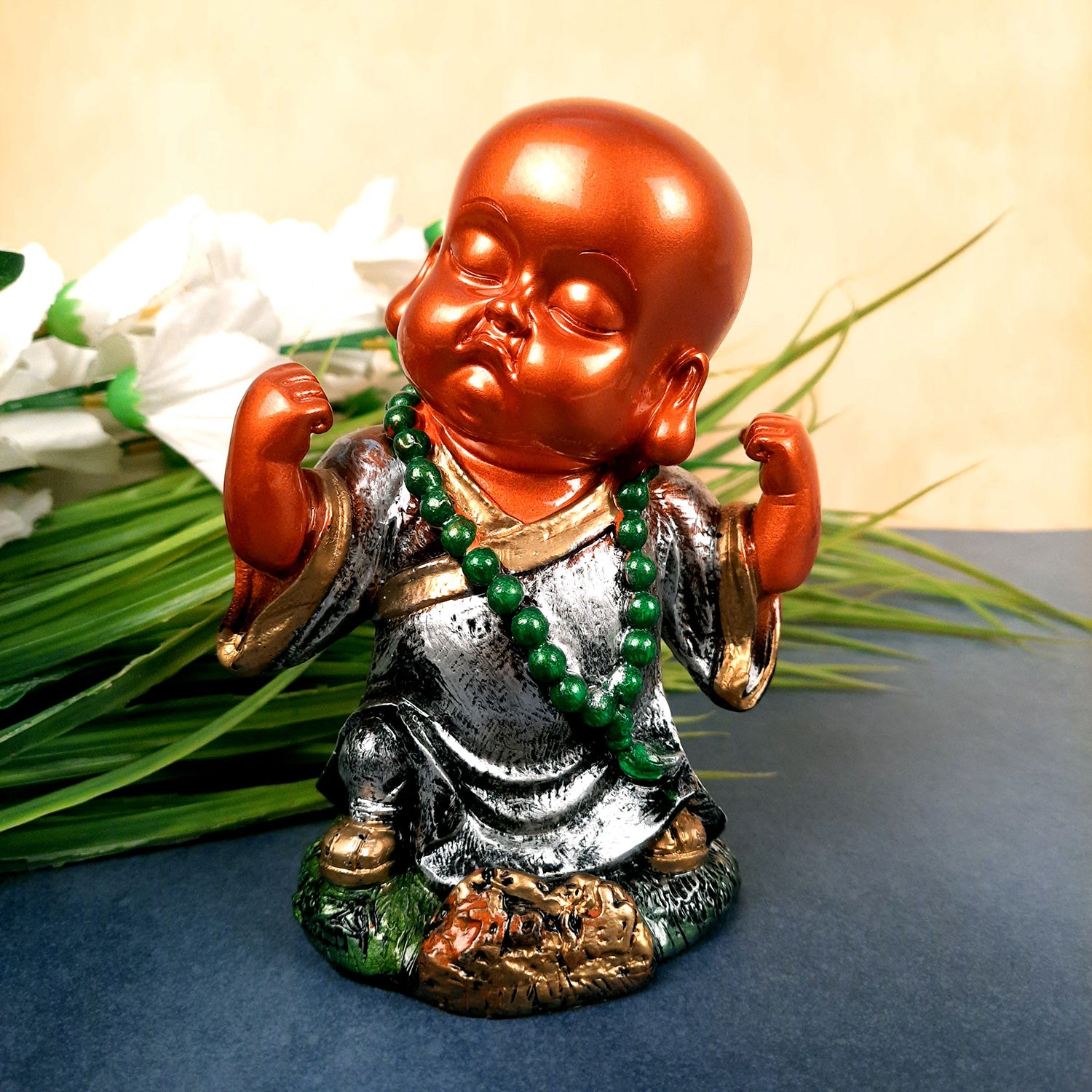 Baby Monk Showpiece Statue | Cute Buddha Feng Shui Decor - for Car Dashboard, Good Luck, Home, Table, Office Decor & Gift- 6.5 inch- Apkamart